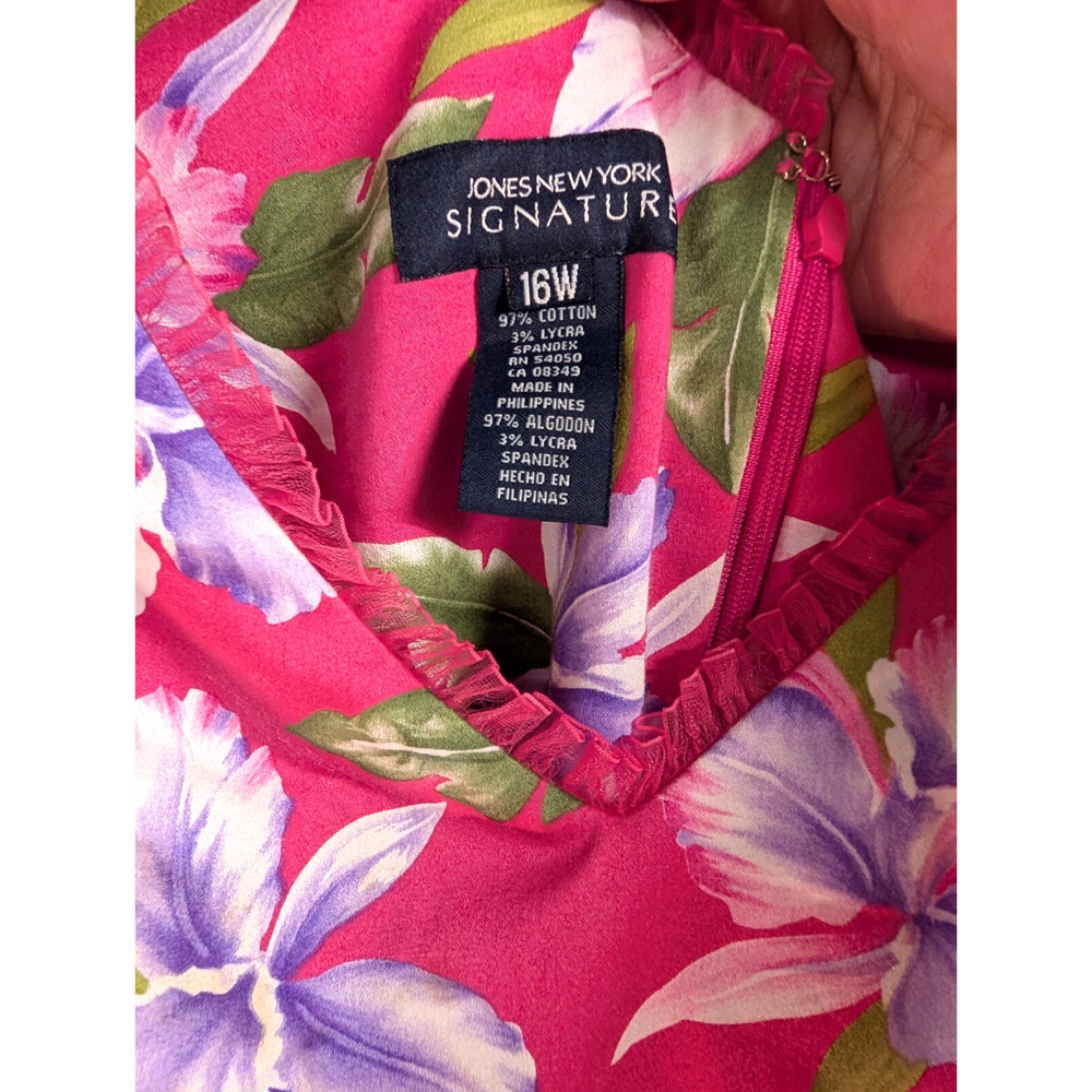 Jones New York Signature Dress Stretch Pink Floral Tropical 16W V Neck Vacation - Picture 2 of 3